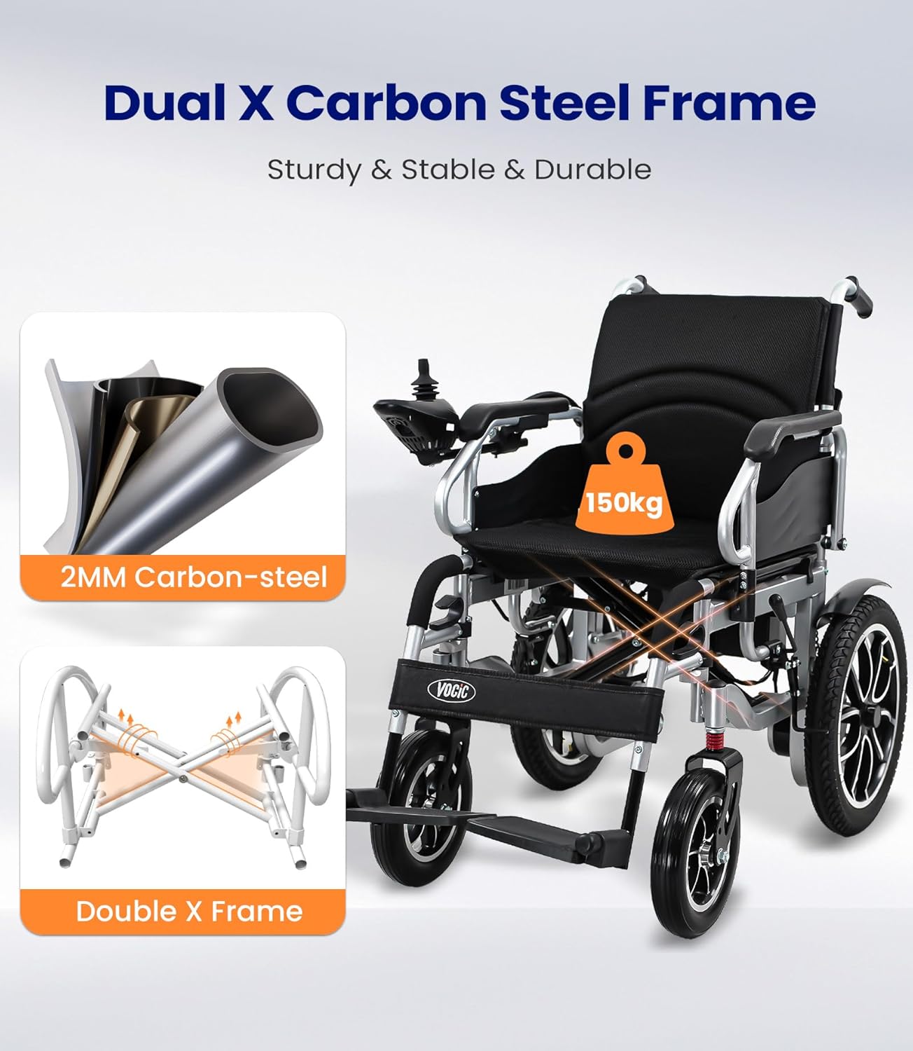 VOCIC V56 Foldable Electric Wheelchair, Max 150kg, 40cm Tyres, 30km Range | Foldable Power Mobility Wheelchair for Adults with Large Pneumatic Tyre for Outdoor, Easy to Transport for Travel, Dark Blue