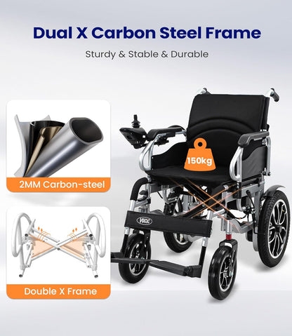 VOCIC V56 Foldable Electric Wheelchair, Max 150kg, 40cm Tyres, 30km Range | Foldable Power Mobility Wheelchair for Adults with Large Pneumatic Tyre for Outdoor, Easy to Transport for Travel, Dark Blue