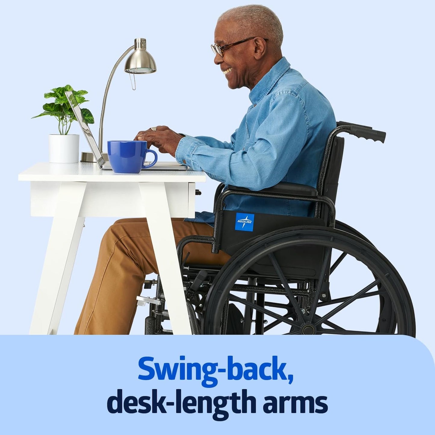 Medline Wheelchair, Desk-Length Arms and Swing-Away Leg Rests, 18" x 16" Seat (W x D)