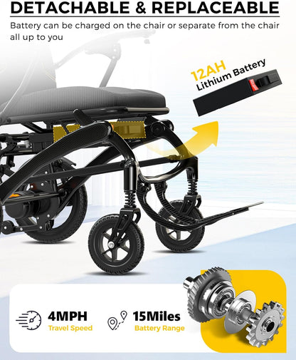 Foldable Electric Wheelchair for Adults, 500W High Power Electric Wheelchair, 350LBS Capacity & Ultimate Safety Design, All-Terrain Pneumatic Tires (Ultra-Light Carbon Fiber + Aluminum)