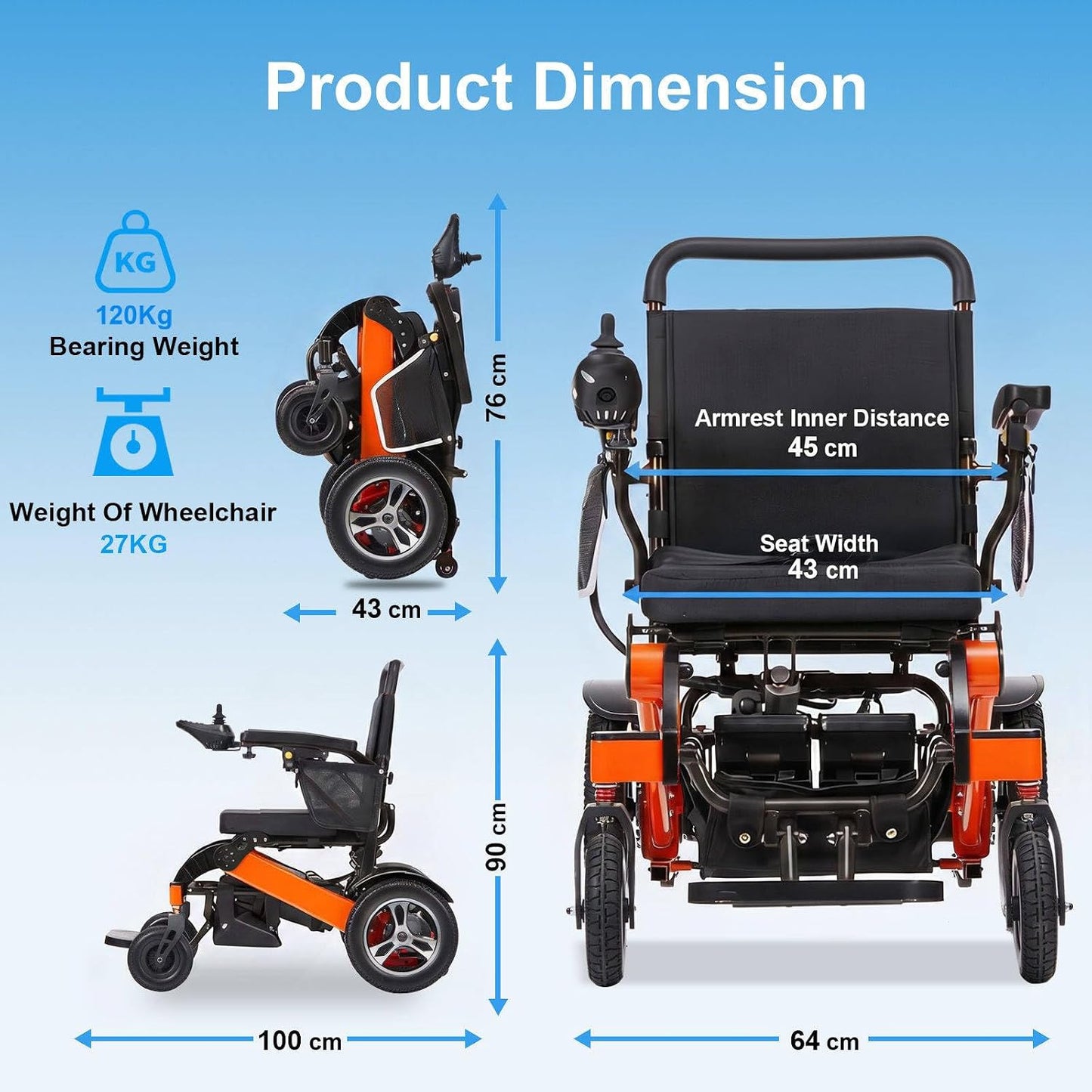One-Button Folding Electric Wheelchair, Adults Seniors Electric Fold/Unfold Travel Power Chair, Net Weight 27Kg, 700W Output, 24Ah Battery, 30Km Range, with Remote Control, 120Kg Load Capacity