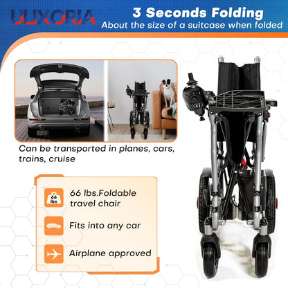Foldable Electric Wheelchair for Adults,66lbs Sturdy Steel Power Chair with SOS Alert & Mute Button, 9Miles Range, All-Terrain Dual Motor Motorized Mobility Scooter with Electromagnetic Brake