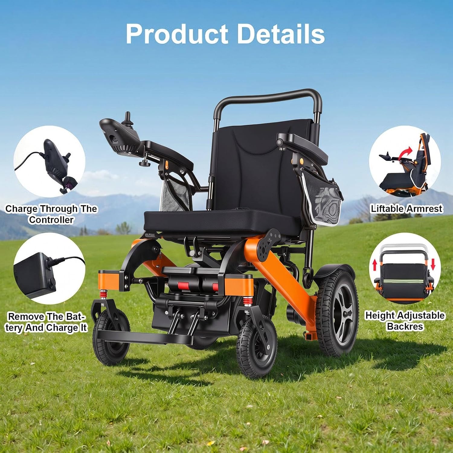One-Button Folding Electric Wheelchair, Adults Seniors Electric Fold/Unfold Travel Power Chair, Net Weight 27Kg, 700W Output, 24Ah Battery, 30Km Range, with Remote Control, 120Kg Load Capacity