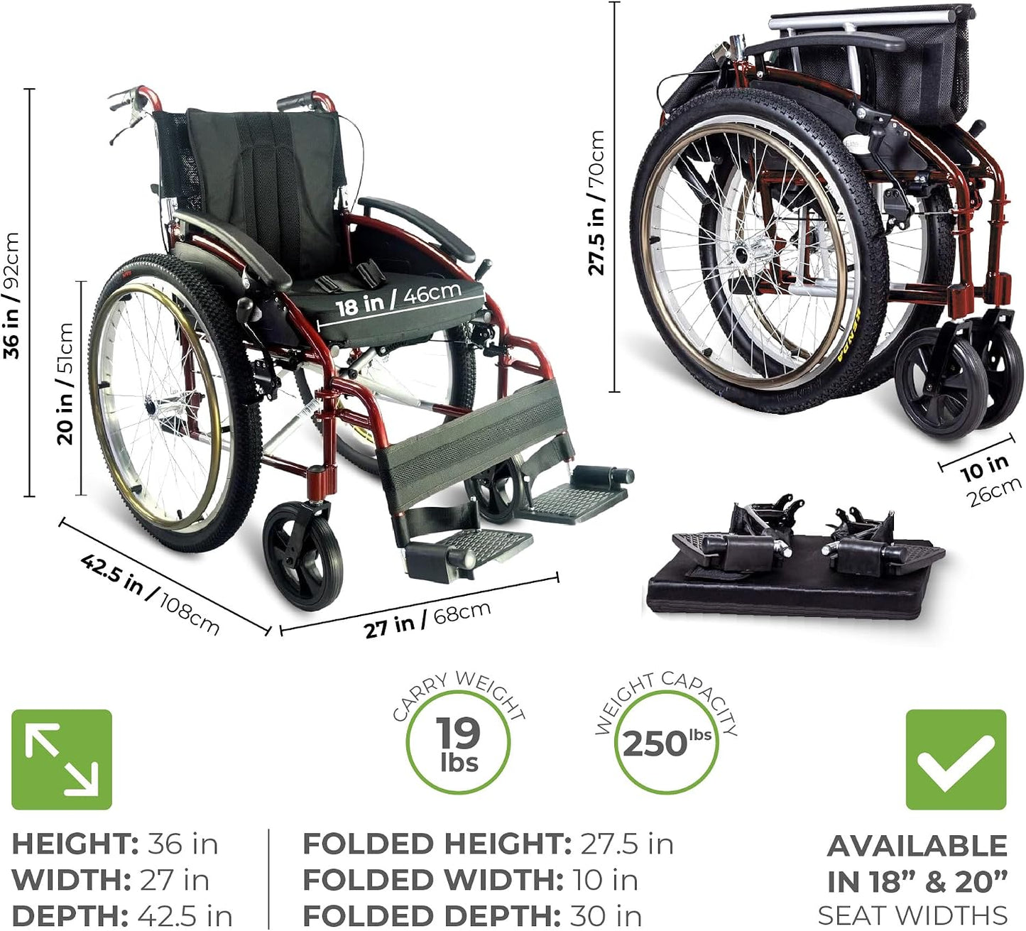 Voyager Self Propel Folding Outdoor All Terrain Wheelchair - Choice of Sizes and Colors (Red, 18" Seat Width)