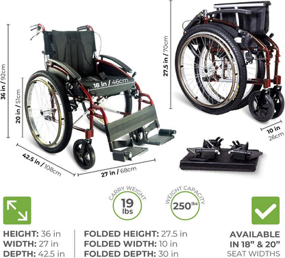 Voyager Self Propel Folding Outdoor All Terrain Wheelchair - Choice of Sizes and Colors (Red, 18" Seat Width)