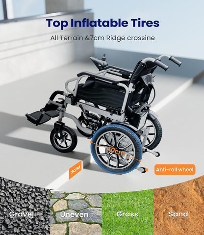 VOCIC V56 Foldable Electric Wheelchair, Max 150kg, 40cm Tyres, 30km Range | Foldable Power Mobility Wheelchair for Adults with Large Pneumatic Tyre for Outdoor, Easy to Transport for Travel, Dark Blue