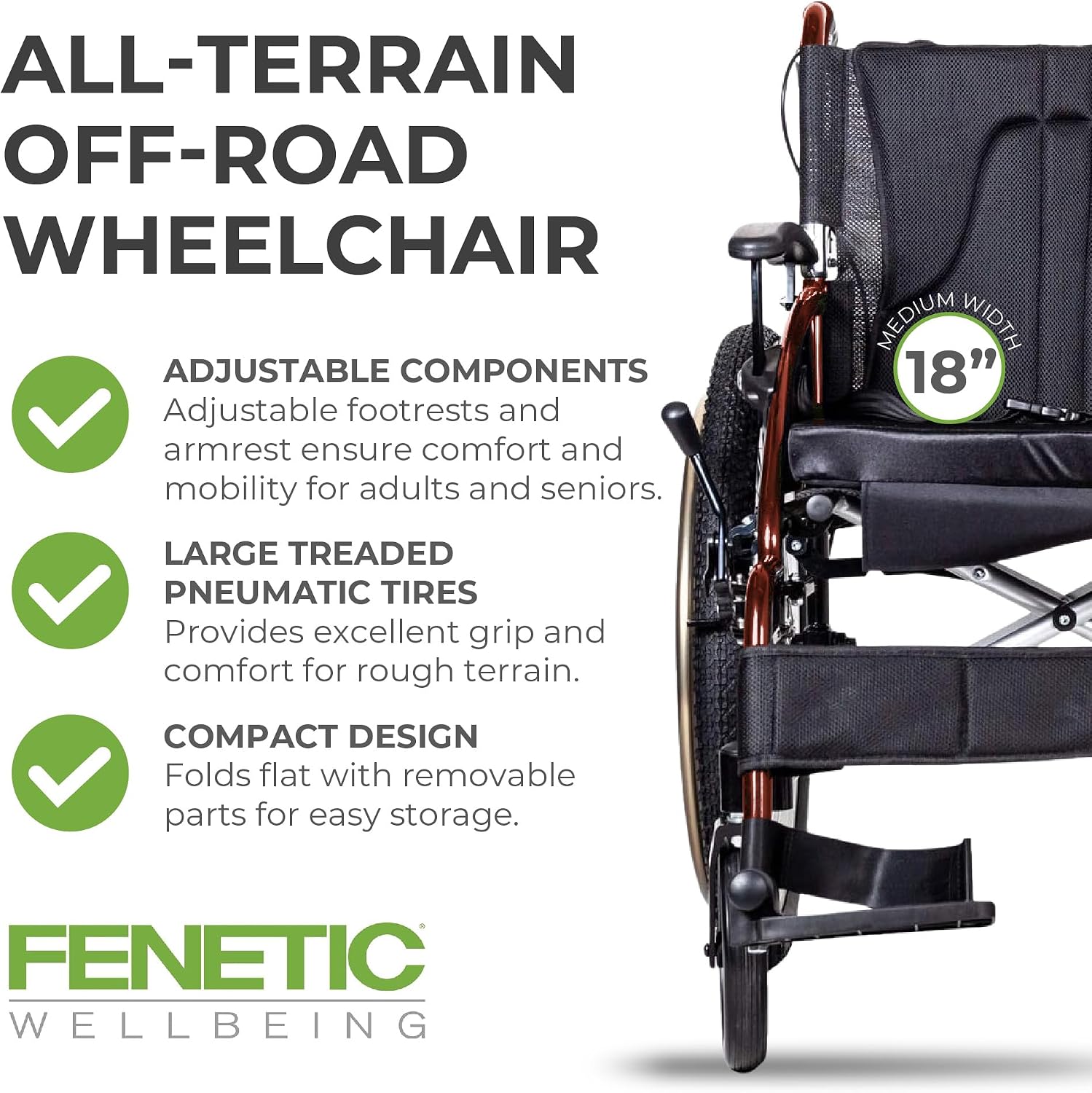 Voyager Self Propel Folding Outdoor All Terrain Wheelchair - Choice of Sizes and Colors (Red, 18" Seat Width)