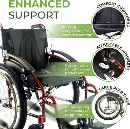 Voyager Self Propel Folding Outdoor All Terrain Wheelchair - Choice of Sizes and Colors (Red, 18" Seat Width)
