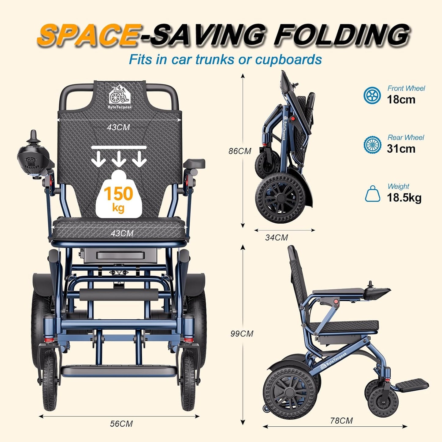 D14 Folding Electric Wheelchair for Adults with Removable Lithium Battery,20km Range,500W Motor,Lightweight & Compact Ultra-Portable Aluminium Powerchair,Travel-Friendly & Airline Approved