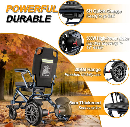 D14 Folding Electric Wheelchair for Adults with Removable Lithium Battery,20km Range,500W Motor,Lightweight & Compact Ultra-Portable Aluminium Powerchair,Travel-Friendly & Airline Approved
